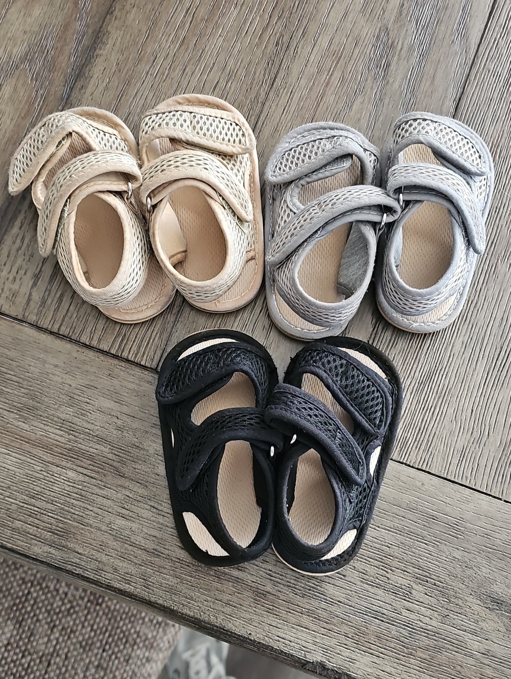 3 Pair- Kids Velcro Mesh Sandals in Beige, Gray, and Black
